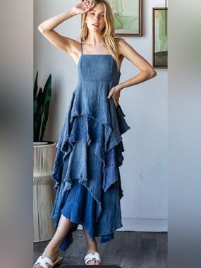 Oli & Hali Paloozo Tiered Mineral Wash Asymmetrical Boho Midi Maxi Dress L